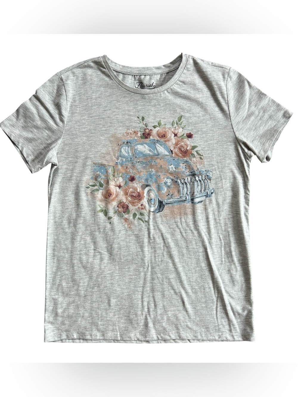 Fleurish Heather Gray Tee with Blue Vintage Truck and Blush Floral